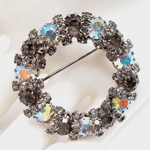 Vintage AB Rhinestone Circle Brooch Silver Tone Aurora Borealis Crystals – 1.5” - Picture 1 of 9